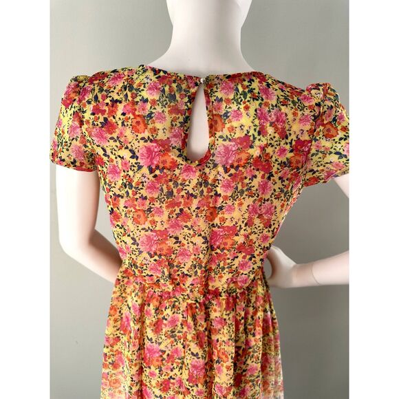 Disney D-signed Yellow Orange Floral Chiffon Short Sleeve Ombre Dress size JR M - Picture 6 of 9